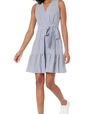 Women's Coquette Striped Tailored Seersucker Blue and White  Dress with Ruffle 8
